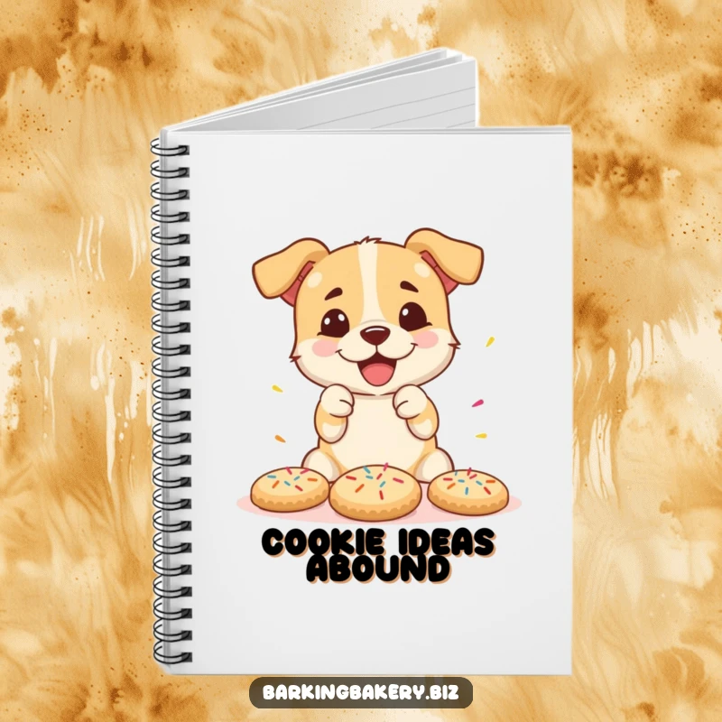 Funny notebook featuring a dog joyfully decorating cookies with sprinkles, great for recipe writing and baking notes.