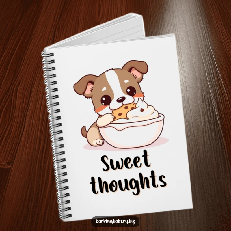 Funny Cookie Monster Dog Notebook: A dog dips a cookie into frosting, perfect for jotting down recipes.