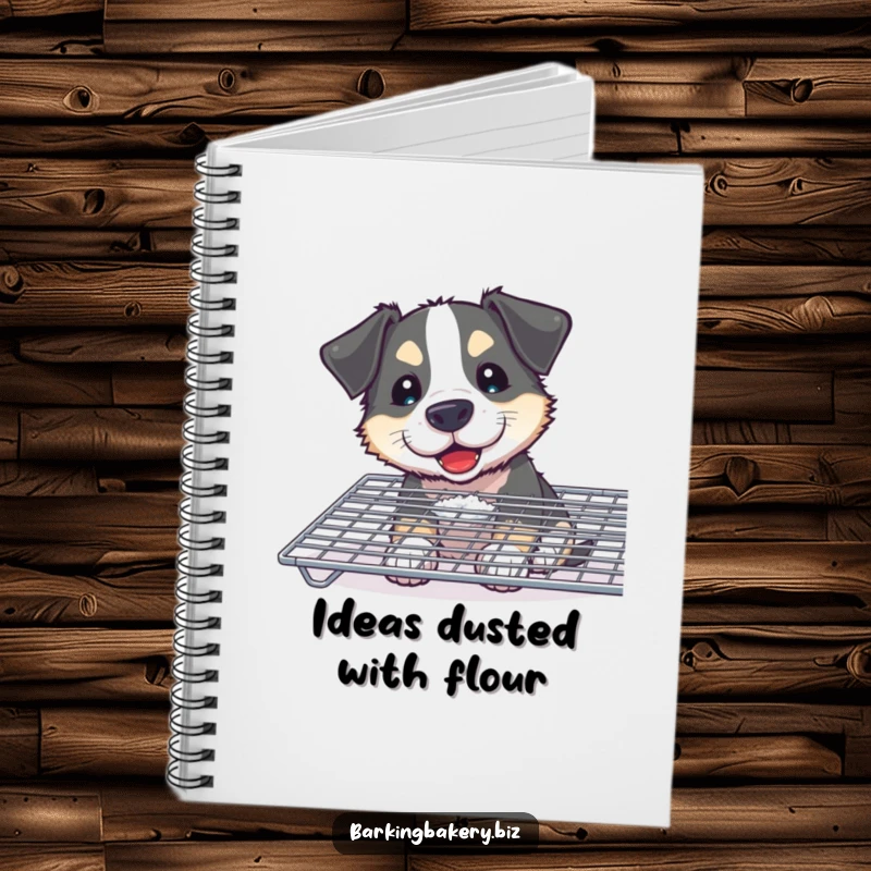 Funny Curious Dog Notebook: A dog with a flour smudge sniffs a cooling rack, perfect for jotting down recipes and ideas.