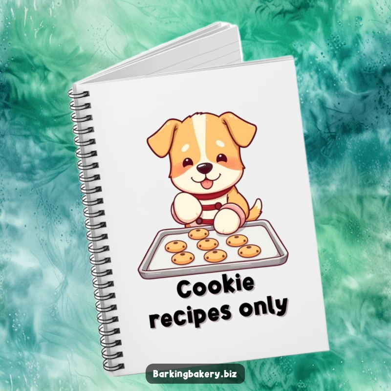 Funny dog notebook cover featuring a dog in oven mitts, carefully placing cookies on a baking sheet, ideal for recipe notes.