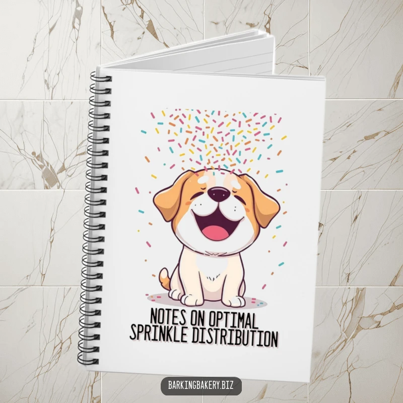 Funny dog notebook with a cute, smiling dog happily covered in a delightful explosion of colorful sprinkles.
