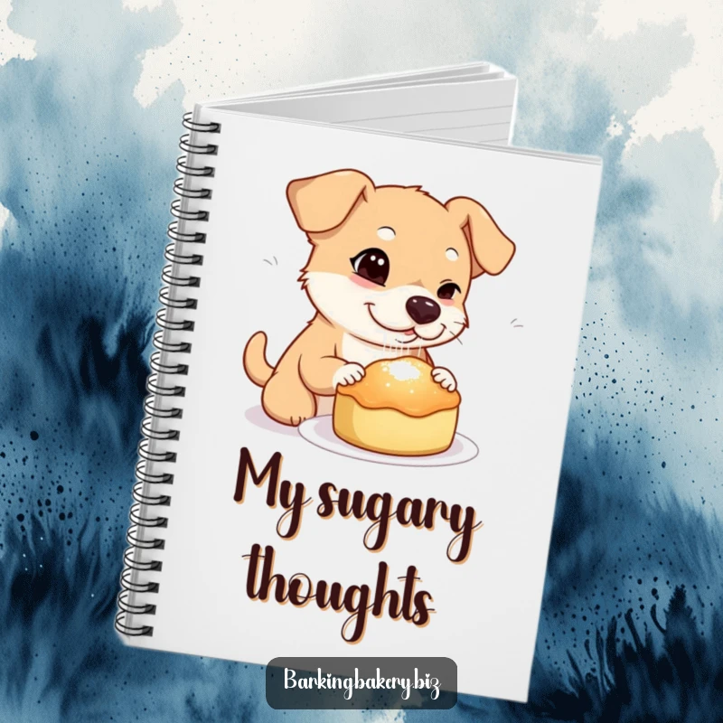 Funny dog notebook cover depicting a dog winking while sprinkling sugar onto a freshly baked treat, representing a sweet secret.