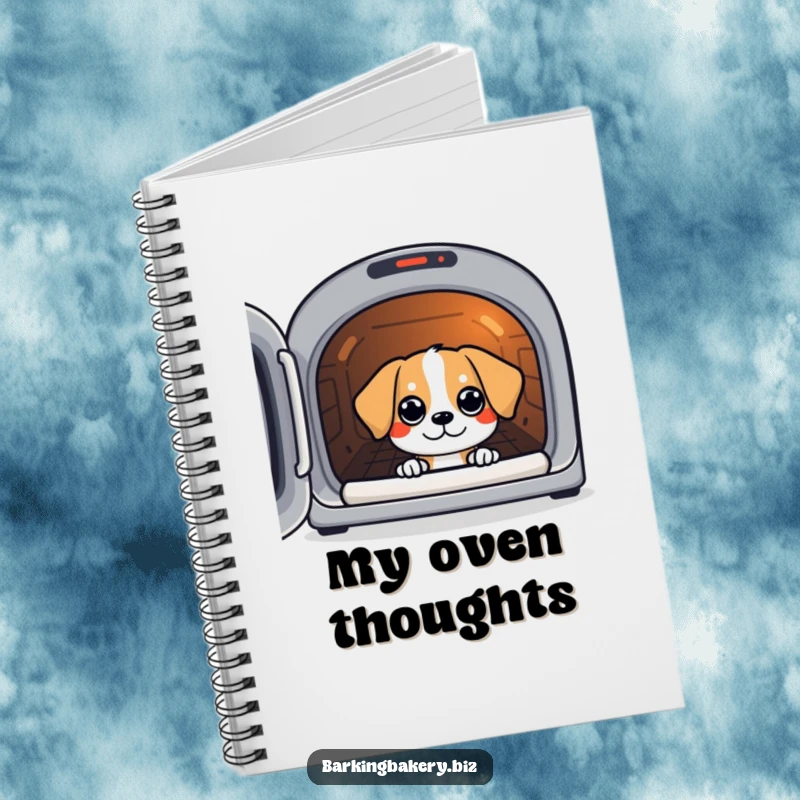 Funny notebook cover with a dog peeking with eager eyes into a warm oven.