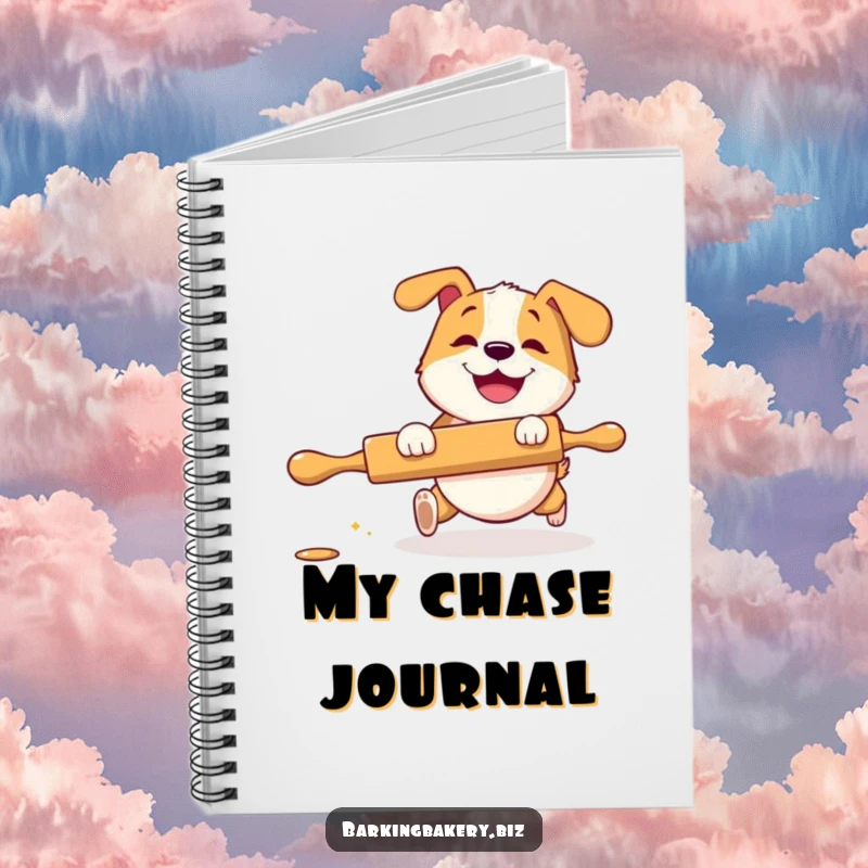 Funny Notebook: A dog with a grin playfully chases a rolling pin, ideal for writing recipes, ideas, and creative notes.