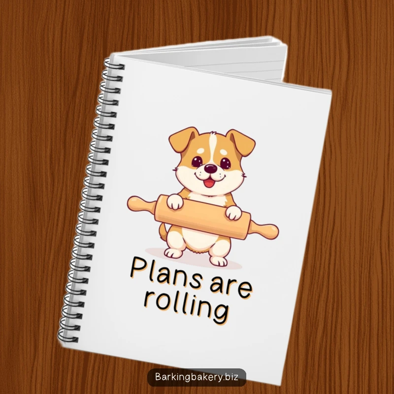 Funny notebook cover with a dog hilariously using a rolling pin that is much larger than its body.