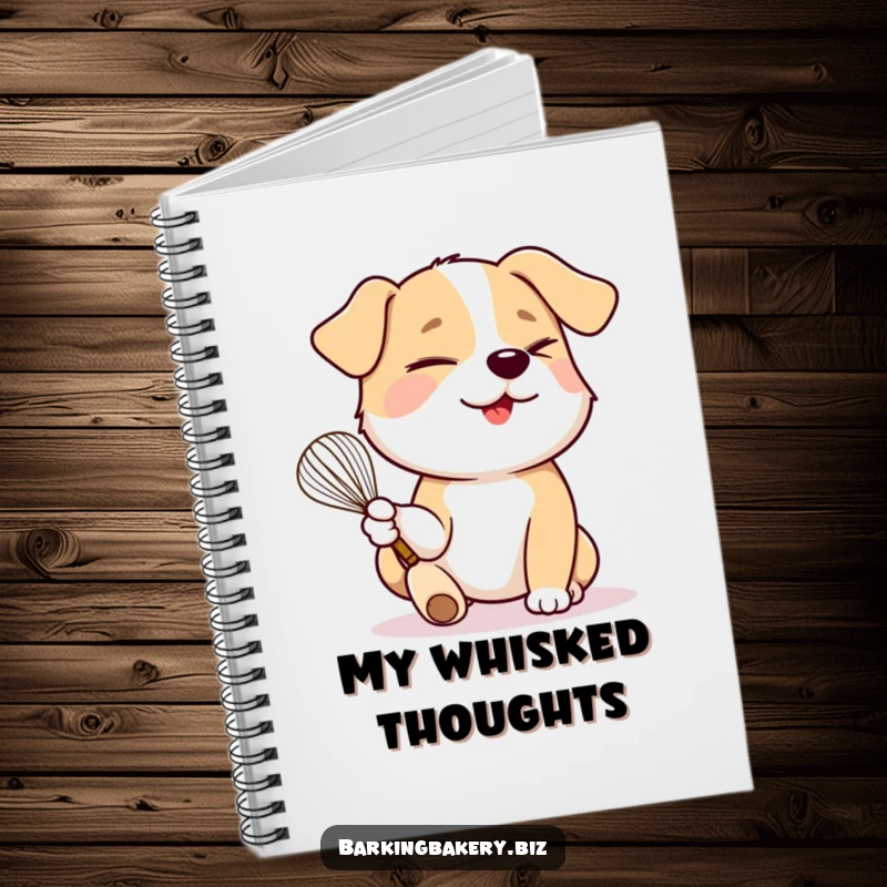Funny dog holding a whisk winks playfully, adding a humorous touch to a baking notebook.
