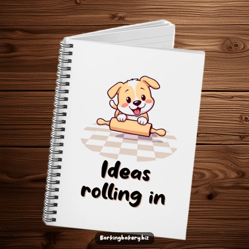 Funny dog chasing a rolling pin, a notebook for writing, perfect funny gift for creative minds.