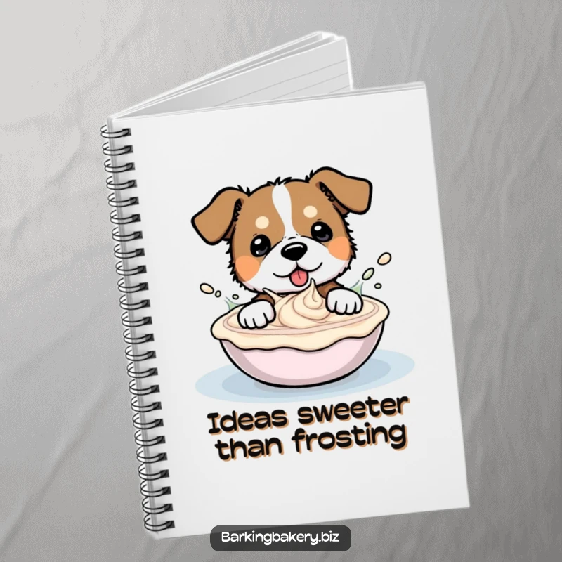 Funny notebook cover illustrating a happy dog gleefully splashing and playing within a large bowl of frosting.