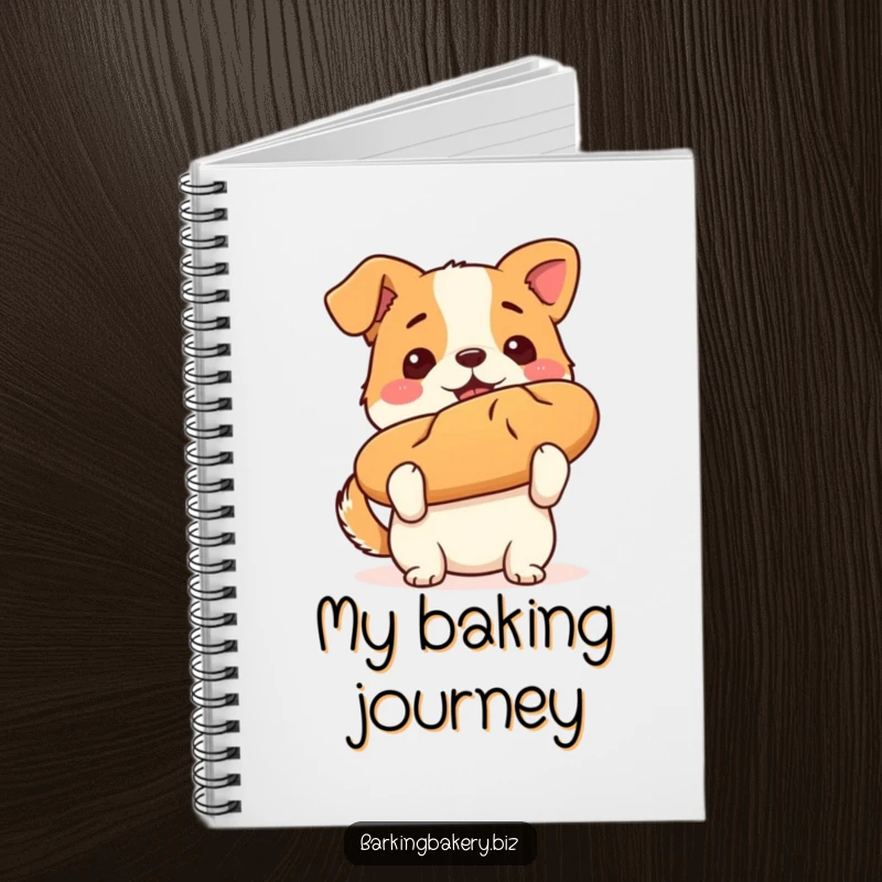 Funny dog notebook featuring a proud puppy holding a baked loaf of bread, perfect for recording baking ideas.
