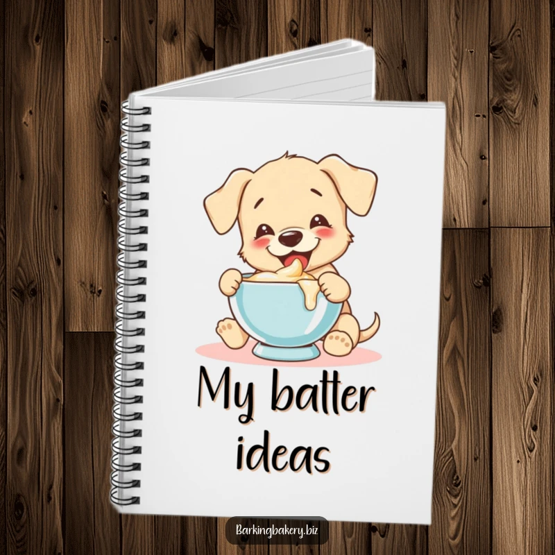 Funny puppy joyfully tastes batter from a mixing bowl, adding a humorous touch to a baking notebook.