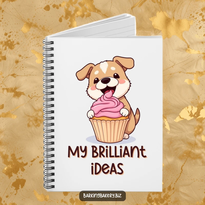 Funny dog notebook with a dog gleefully frosting a lopsided cupcake with a pink swirl, perfect for jotting ideas.
