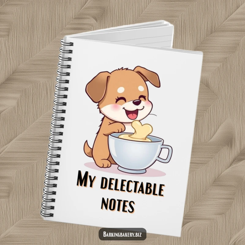 Funny dog notebook cover depicting a happy dog sampling batter from a mixing bowl, representing irresistible temptation.