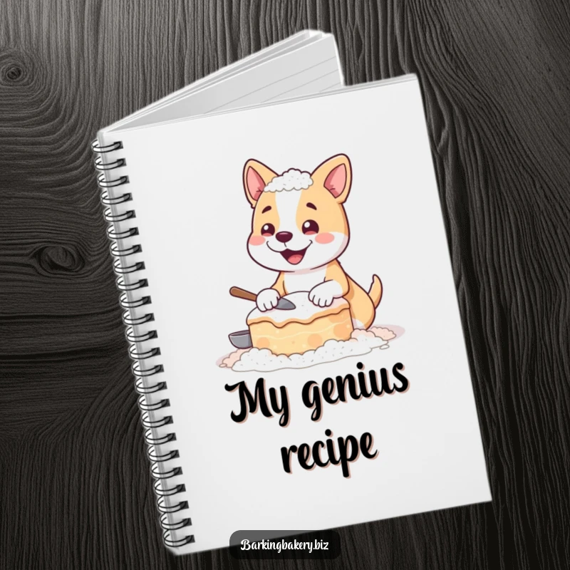 Funny notebook cover with a happy dog coated in flour, proudly displaying a hilariously lopsided cake it baked.