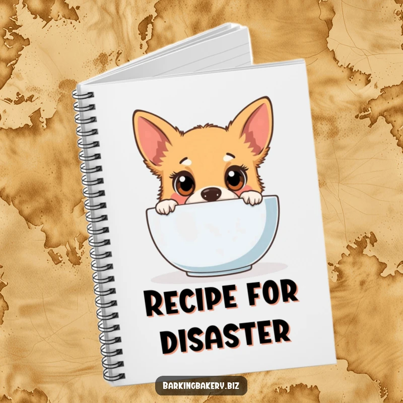 Funny dog notebook featuring a cute puppy peeking into a mixing bowl, perfect for jotting down baking recipes and notes.