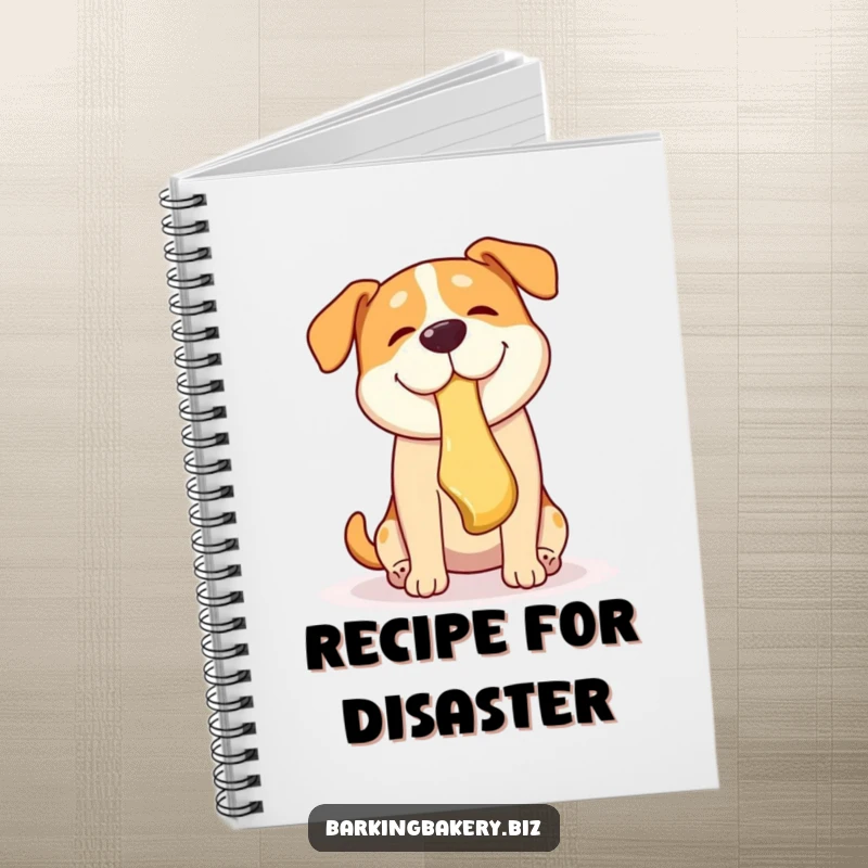 Funny dog notebook cover with a dog playfully catching a falling pastry mid-air, representing quick thinking and fun.