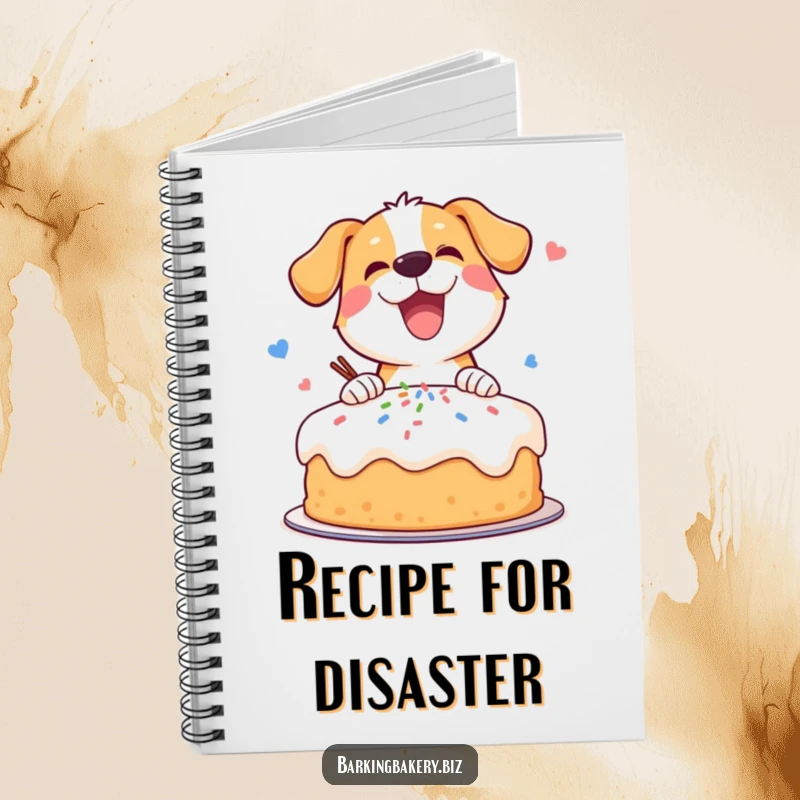 Funny notebook cover illustrating an extremely enthusiastic dog meticulously decorating a cake with sprinkles.