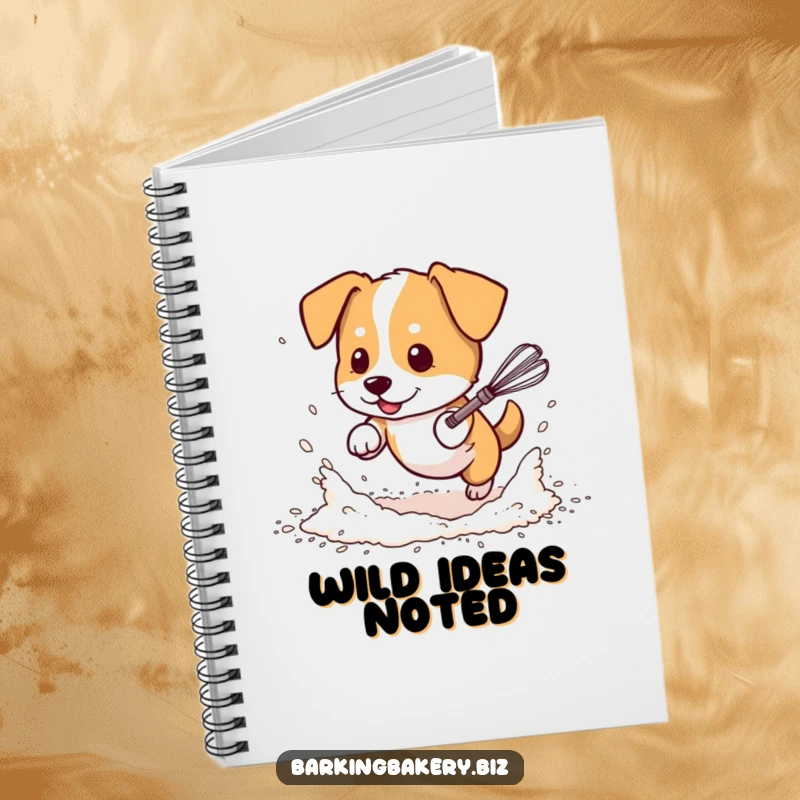 Funny dog notebook, a dog in flour chases a dancing whisk, perfect for jotting down notes and baking ideas with humor.