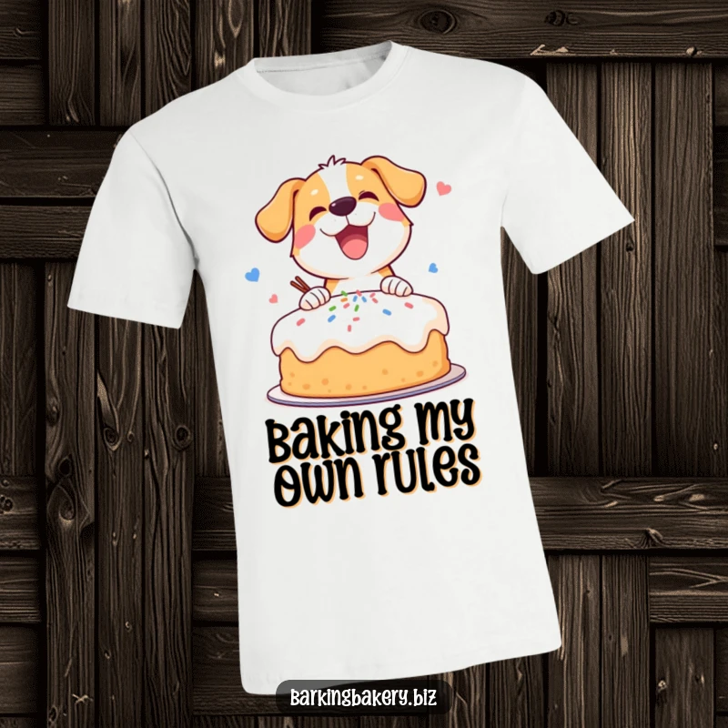 Funny t-shirt depicting an overjoyed dog joyfully decorating a cake with a shower of colorful sprinkles.