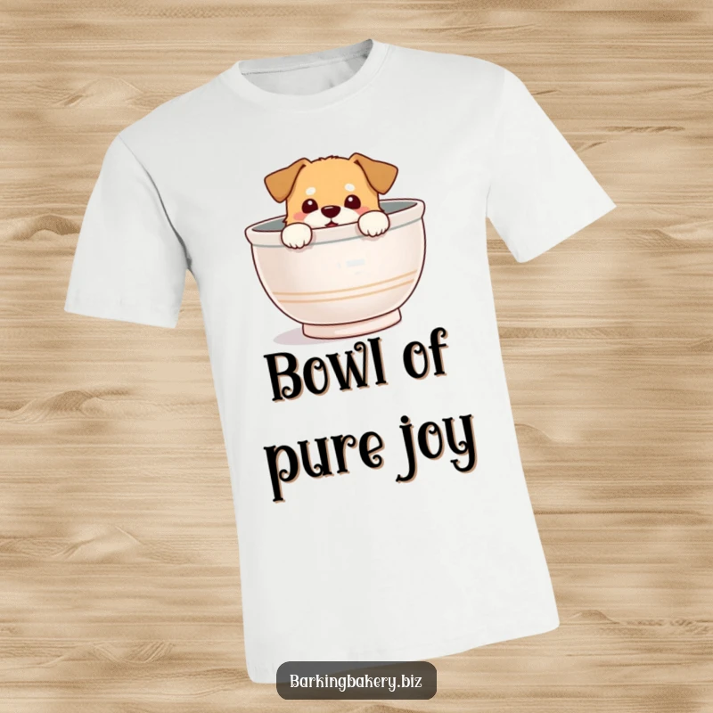 Funny T-Shirt: Cute dog peeks out from a giant mixing bowl with a happy, delighted expression.