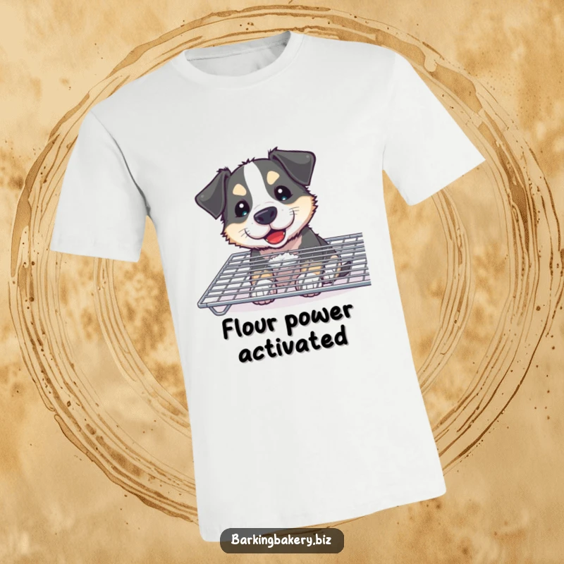 Funny Curious Dog T-Shirt: A dog with a flour smudge on its nose eagerly sniffs a cooling rack filled with baked goods.