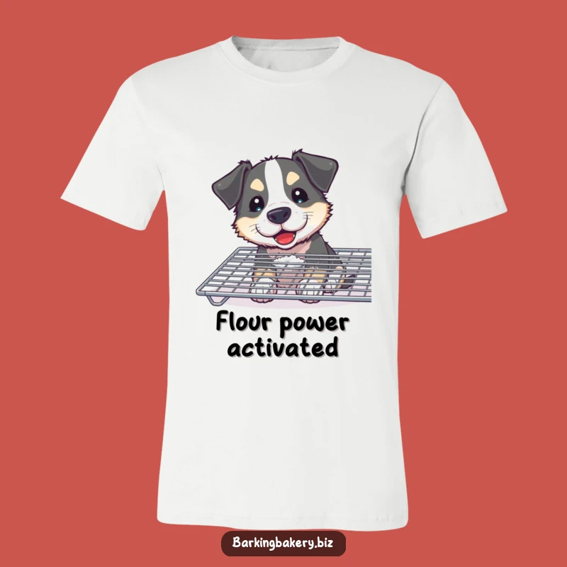 Funny Curious Dog Baker T-Shirt: Floury Pup Sniffing Treats, Comical Funny Gift for Bakers