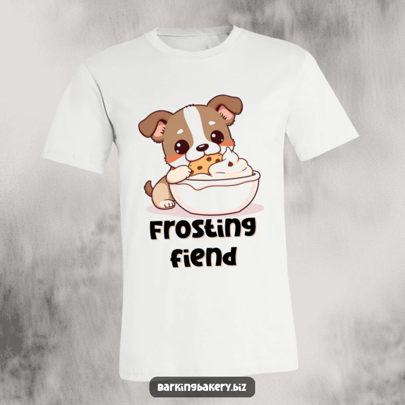 Funny Cookie Monster Dog T-Shirt: A joyful dog dips a cookie into a large bowl of frosting, celebrating treats.