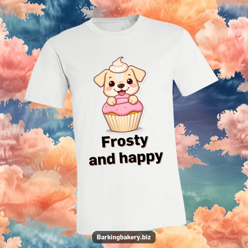 Funny t-shirt depicting a small, happy dog cheerfully applying a perfect swirled dollop of frosting to a cupcake.