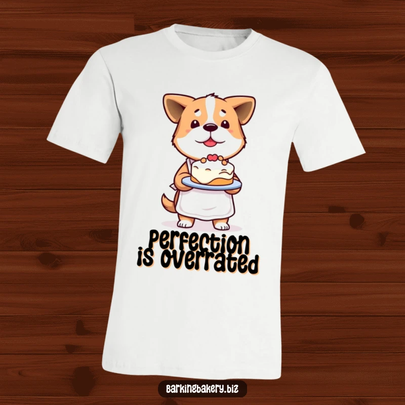 Funny Determined Dog T-Shirt: A proud dog wearing an apron presents a slightly lopsided cake with a determined and happy expression.