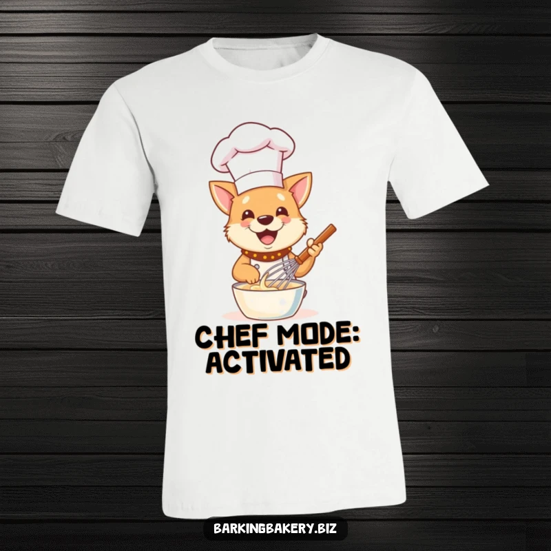Funny Dog Chef T-Shirt: A cheerful cartoon dog in a chef hat gleefully whisks batter, celebrating baking fun.