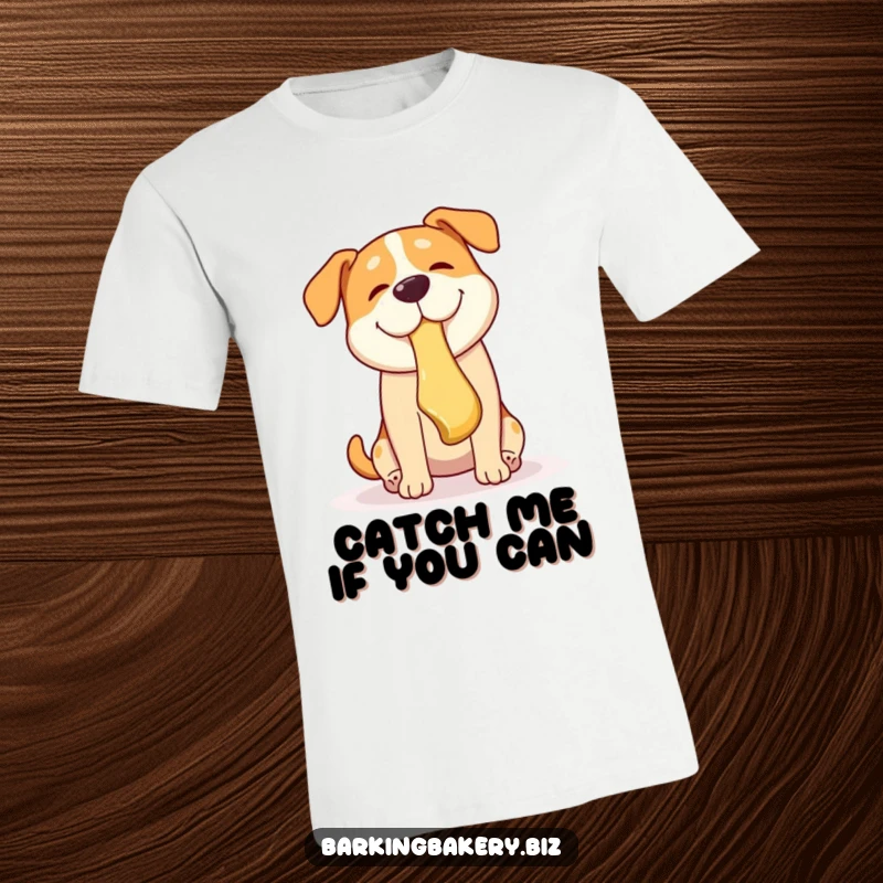 Funny dog t-shirt illustration of a happy dog leaping to catch a falling pastry mid-air with its mouth.