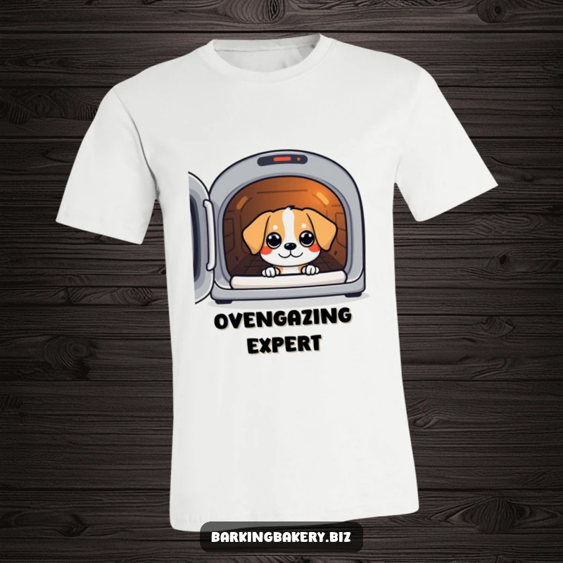 Funny t-shirt showcasing a dog peeking with eager eyes into a warm oven, waiting for treats.