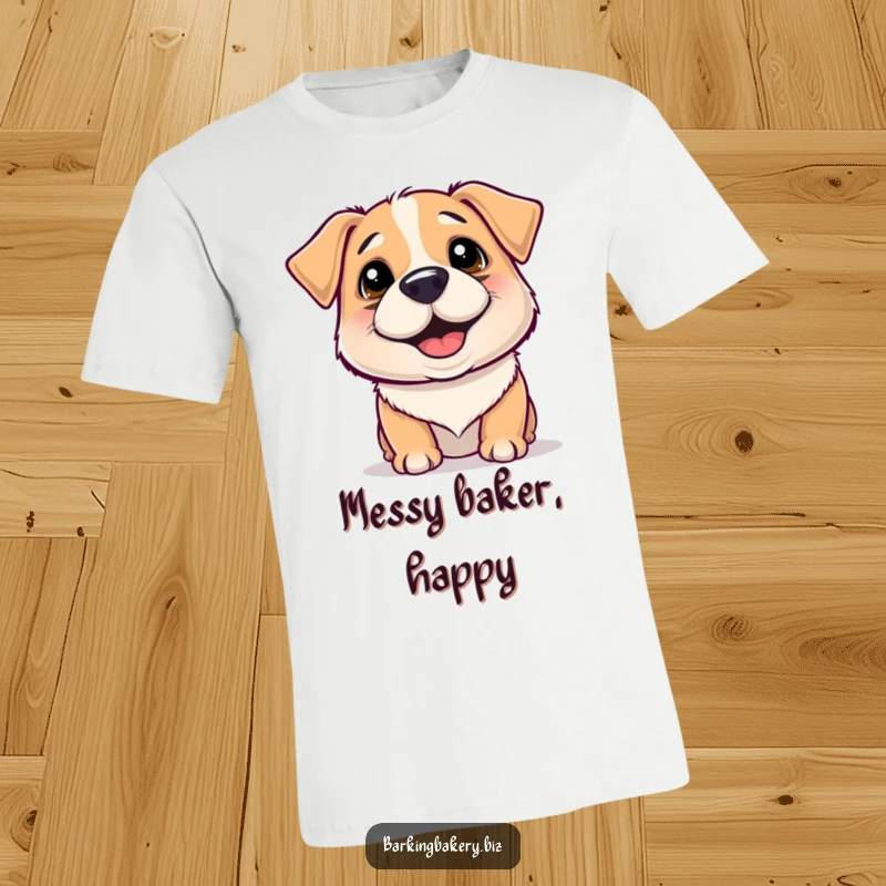 Funny T-Shirt: Smiling dog with flour on its nose happily wiggles, radiating pure, messy joy.
