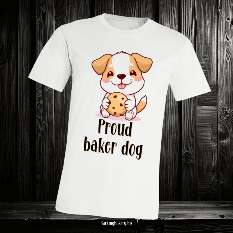 Funny dog t-shirt, a proud dog beams with happiness, offering a perfectly baked cookie, a true baking champion.