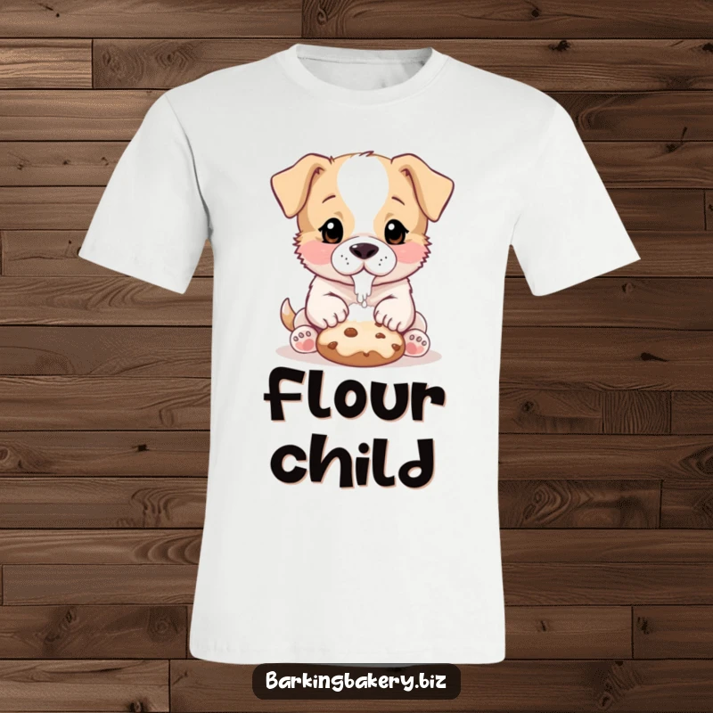 Funny Puppy Baker T-Shirt: A sweet puppy with a flour-dusted nose pats a delicious cookie, emphasizing baking fun.