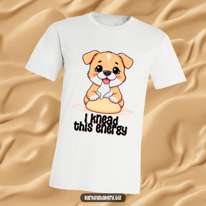 Funny dog t-shirt depicting a small, joyful dog with flour on its nose, actively kneading dough with a happy expression.