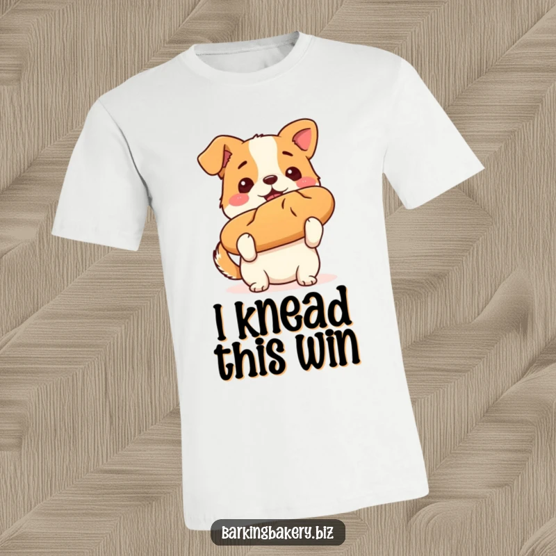 Funny dog t-shirt showcasing a triumphant puppy proudly holding a perfectly baked loaf of bread, a true baking champion.