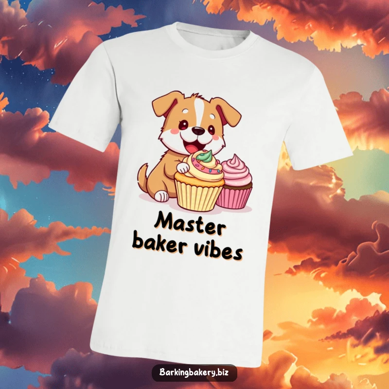 Funny T-Shirt: Excited dog with a paintbrush of frosting creates a colorful masterpiece on a cupcake, exuding pure joy.