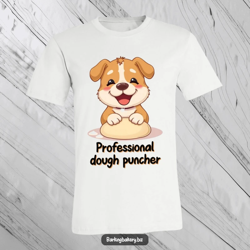 Funny Dog T-Shirt: A playful dog with flour on its nose happily kneading dough, showcasing baking fun. Great gift.