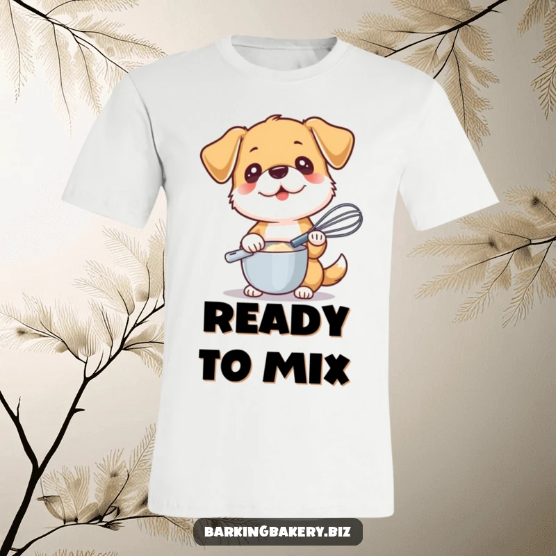 Funny t-shirt with a dog holding a whisk, ready to mix, celebrating the joy of baking and dogs.