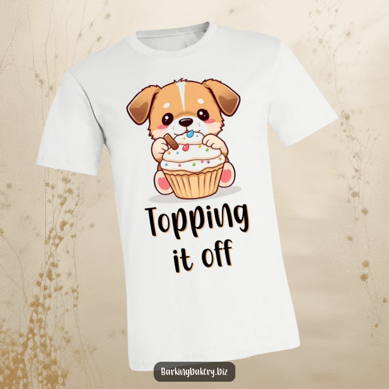 Funny Dog Decorator T-Shirt: A careful dog places delightful toppings on a cupcake, celebrating baking artistry.