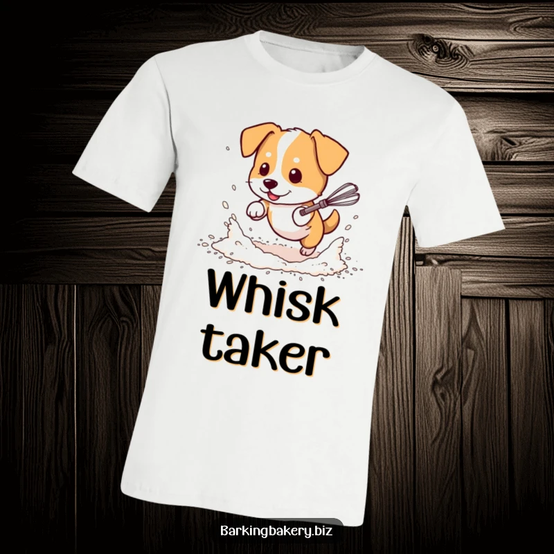 Funny dog t-shirt, a dog in scattered flour playfully chases a dancing whisk, capturing the humor of messy baking.