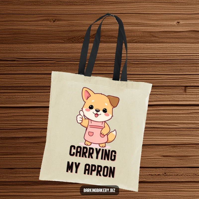 Funny dog tote bag showing a happy puppy in a tiny apron giving a thumbs up, ideal for grocery shopping.