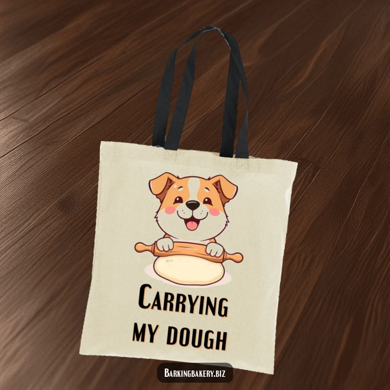 Funny Dog Baker Tote Bag: A happy dog uses a rolling pin on puffed dough, ideal for carrying baking supplies.