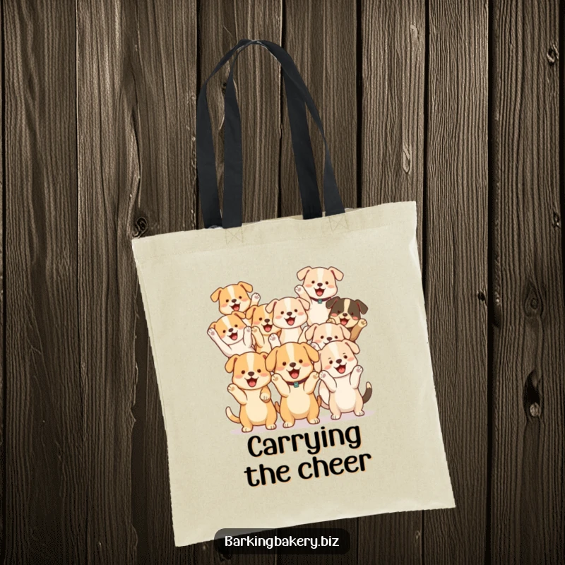 Funny Dog Cheer Squad Tote Bag: A group of cute dogs cheer with paws raised, perfect for carrying goodies and spreading joy.