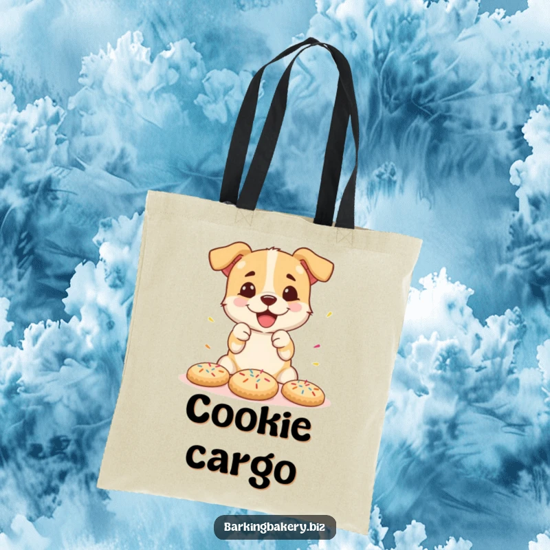 Funny tote bag showing a dog excitedly decorating cookies with colorful sprinkles, ideal for carrying baking essentials.