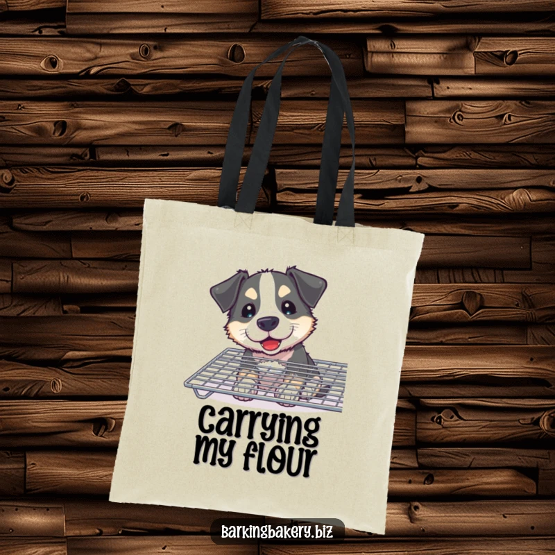Funny Curious Dog Tote Bag: A dog with a flour smudge sniffs a cooling rack, perfect for carrying treats and essentials.
