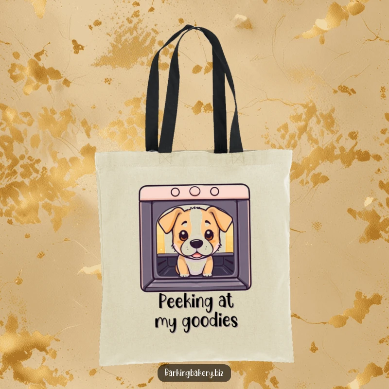 Funny Tote Bag: A dog peeks into an oven with curious eyes, perfect for carrying baking supplies or daily essentials.