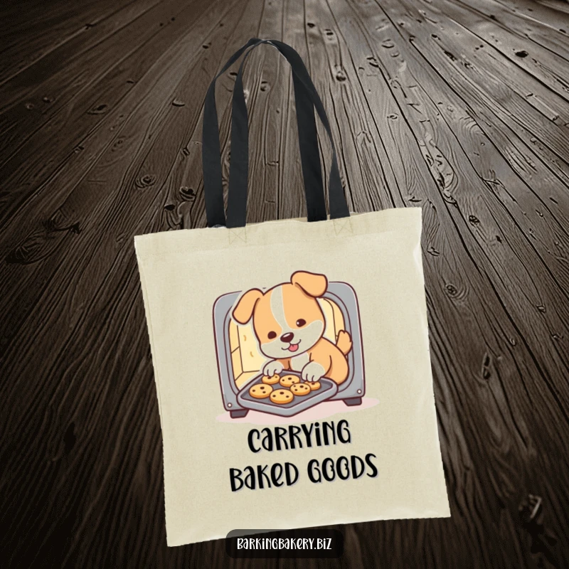 Funny dog tote bag, a cute dog baker slides a tray of cookies from a miniature oven, ideal for carrying groceries with humor.