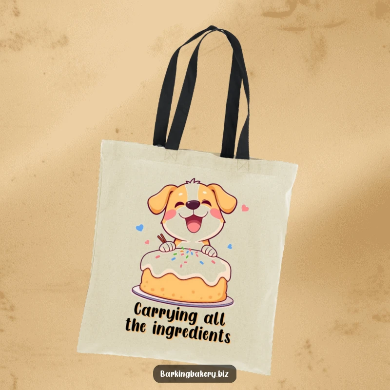 Funny tote bag with a happy, enthusiastic dog in the process of exuberantly decorating a delicious cake.