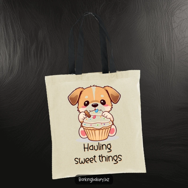 Funny Dog Decorator Tote Bag: A dog carefully places toppings on a cupcake, ideal for carrying baking supplies.